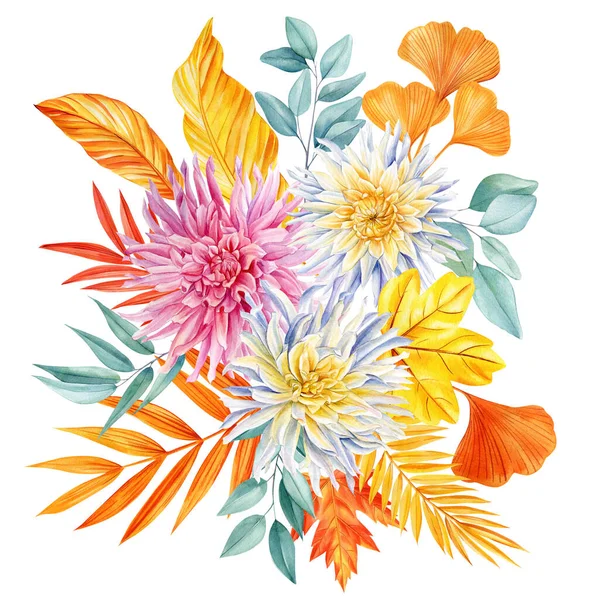 カードと装飾のための白い背景に隔離された花の花束 ダリア リリー サンフラワー 秋の黄色 オレンジの葉 高品質のイラスト — ストック写真