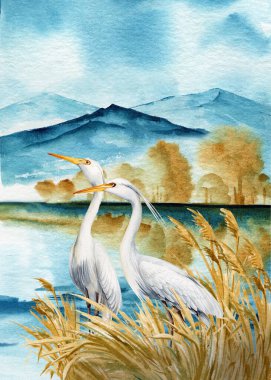 Balıkçıl, göl ve sisli sabahlarda dağlarla kaplı bir yer. Yüksek kaliteli illüstrasyon