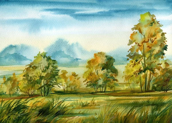 Piękny Jesienny Krajobraz Rzeką Górami Malarstwo Akwarelowe Wysokiej Jakości Ilustracja — Zdjęcie stockowe