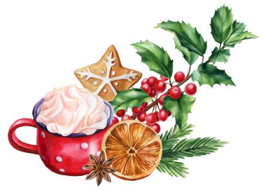 Tatlı kurabiyeler ve sıcak içecek, suluboya kuş resimleri beyaz arka planda izole edilmiş, Noel sembolü. Yüksek kaliteli illüstrasyon