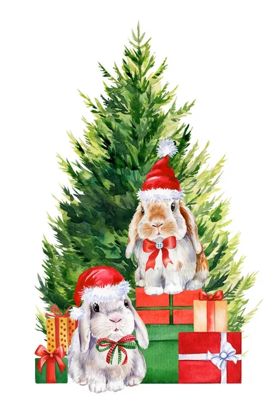 Árvore Natal Com Presentes Coelhos Fundo Branco Isolado Ilustração Desenhada — Fotografia de Stock