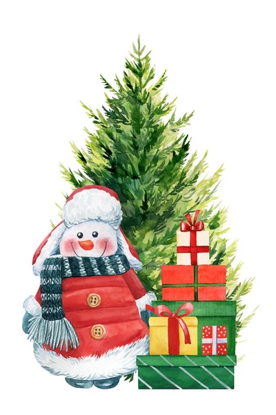 Schneemann Weihnachtsbaum Und Geschenke Auf Isoliertem Weißem Hintergrund Handgezeichnete Illustration — Stockfoto