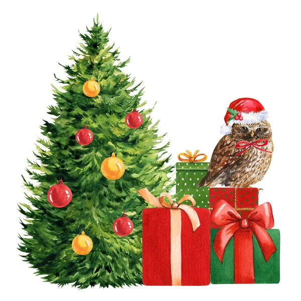 Árvore Natal Com Presentes Fundo Branco Isolado Ilustração Desenhada Mão — Fotografia de Stock