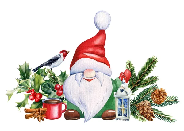 Gnome Pássaro Decoração Ilustração Aquarela Isolada Fundo Branco Design Natal — Fotografia de Stock