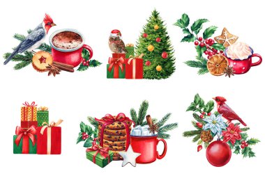 Suluboya dizayn unsurları, Noel ağacı, hediyeler, izole edilmiş beyaz arka planda tatlı. El çizimi çizimi. - Evet. Yüksek kaliteli illüstrasyon