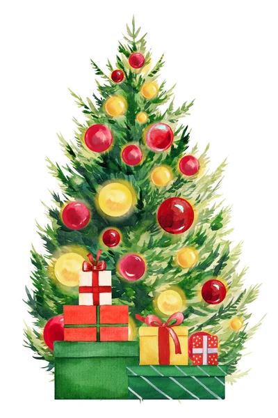 圣诞树 白色背景的礼物 手绘插图 水彩画过冬海报卡片高质量的例证 — 图库照片