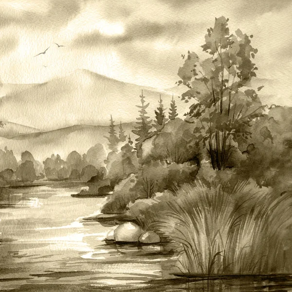 Schöne Herbstlandschaft Mit Fluss Und Bergen Aquarellmalerei Hochwertige Illustration — Stockfoto