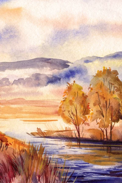 Watercolor nature illustration with lush fields of meadows and a river, Watercolor landscape painting, Autumn Hand painted landscape . High quality illustration