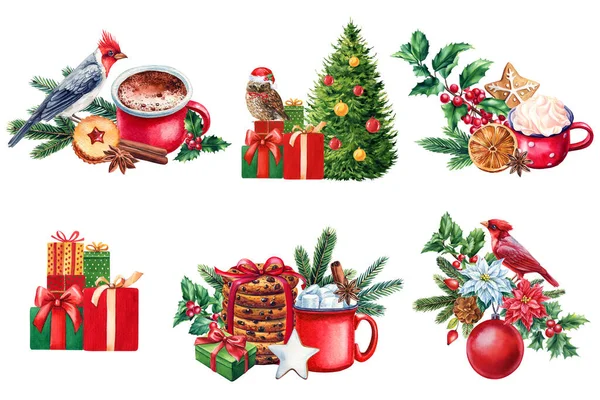 Acuarela Conjunto Elementos Diseño Árbol Navidad Regalos Dulce Sobre Fondo — Foto de Stock