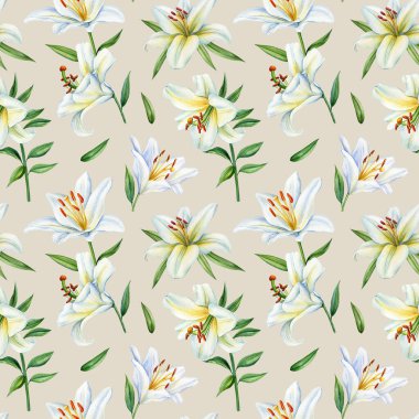 Nilüfer çiçeği, kusursuz çiçek deseni ve yeşil yapraklar elde boyanmış. Çiçek tasarımı. Yüksek kaliteli illüstrasyon