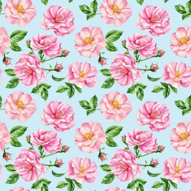 Pembe güller ve yapraklarla kusursuz bir desen. Duvar kağıtları, kartpostallar, düğün kartları için suluboya Flora. mavi arka plan. Yüksek kaliteli illüstrasyon