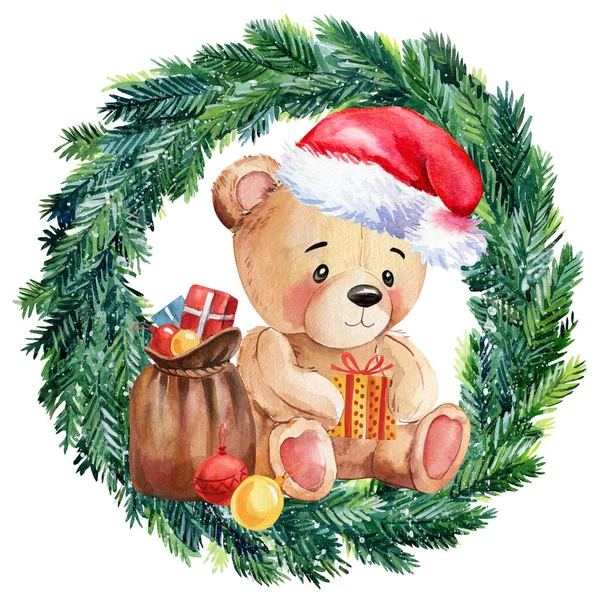 Holiday wreath with teddy bear and present. Christmas decoration, watercolor drawing. High quality illustration