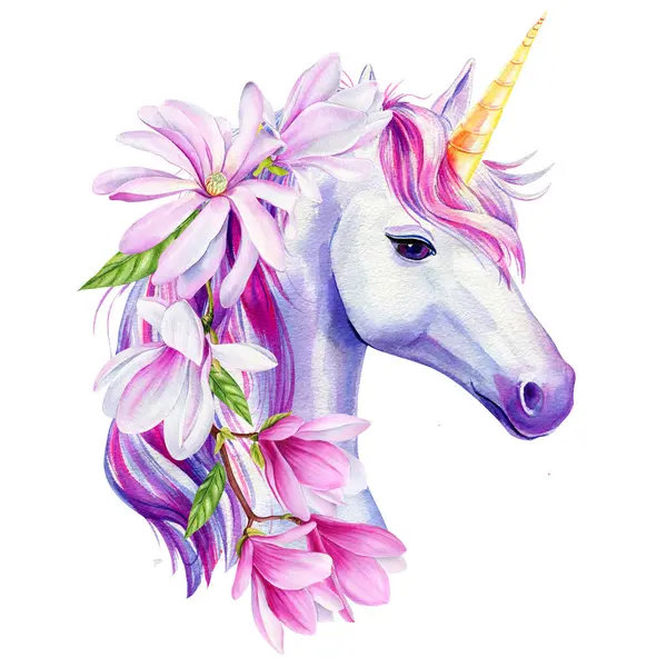 Cute unicorn with pink flowers isolated on white background, magical illustration with unicorn in watercolor. High quality illustration