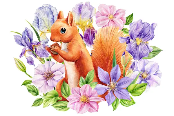cute animal, spring flowers irises and clematis on isolated white background watercolor illustration. High quality illustration