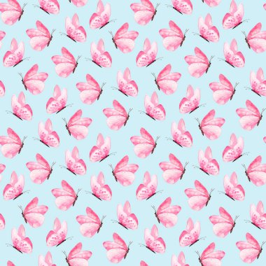 Pembe kelebekli kusursuz desen, suluboya resim, tekstil şablonu, duvar kağıdı, kağıt. Yüksek kaliteli illüstrasyon