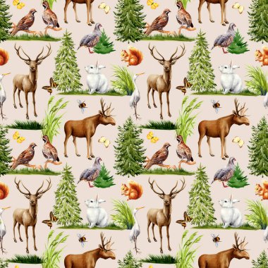 Vahşi hayvanların suluboya resimleriyle kusursuz desenler, Orman Vahşi Hayatı, tekstil için şablon, duvar kağıdı, kağıt. Yüksek kaliteli illüstrasyon