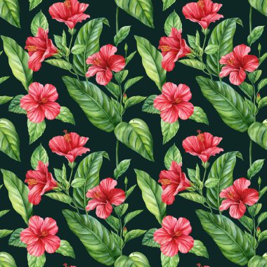 Tropik dikişsiz desen, yapraklar ve çiçekler, beyaz arka planda tropik bitkiler, suluboya botanik çizimler, tasarım elementleri. Yüksek kaliteli illüstrasyon