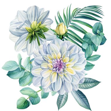 Çiçek buketi, okaliptüs dalları, zarif yeşillik yaprakları, suluboya botanik çizimler. Çiçek tasarımı. Yüksek kaliteli illüstrasyon