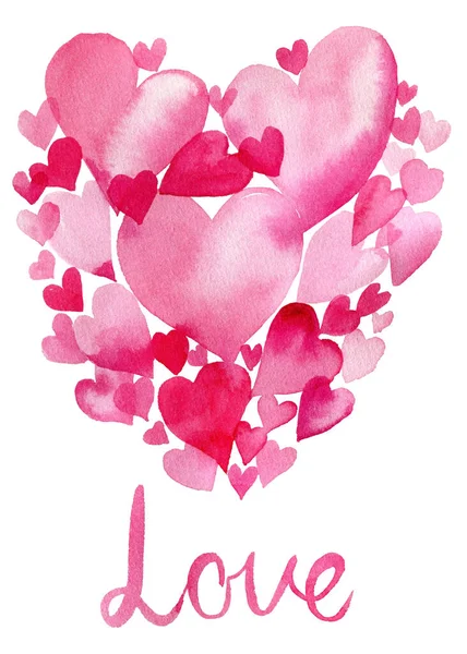 Szerelem Akvarell Kézzel Festett Akvarell Rózsaszín Szív Készlet Elszigetelt Fehér — Stock Fotó