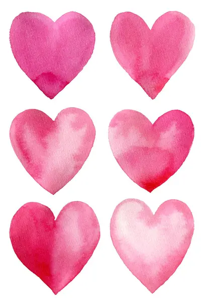 Ame Aquarela Pintado Mão Aquarela Rosa Coração Conjunto Isolado Fundo — Fotografia de Stock