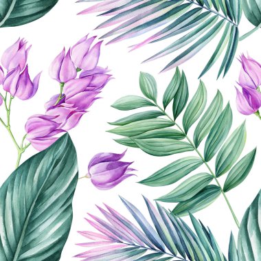 Tropik dikişsiz desen, yapraklar ve çiçekler, beyaz arka planda tropik bitkiler, suluboya botanik çizimler, tasarım elementleri. Yüksek kaliteli illüstrasyon