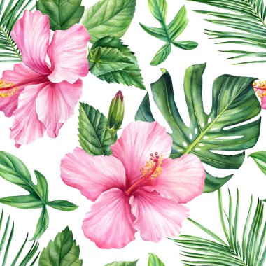 Pembe amber çiçekleri ve palmiye yapraklarıyla tropik, pürüzsüz desen. Çiçek tasarımı. Suluboya botanik çizimler. Yüksek kaliteli illüstrasyon