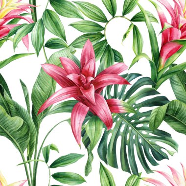 Tropik dikişsiz desen, yapraklar ve çiçekler, beyaz arka planda tropik bitkiler, suluboya botanik çizimler, tasarım elementleri. Yüksek kaliteli illüstrasyon