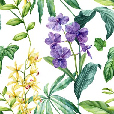 Çiçek orkidesi ve yapraklar suluboya, tekstil ve dekorasyon için tropikal desen. El yapımı egzotik bitki örtüsü. Yüksek kaliteli illüstrasyon