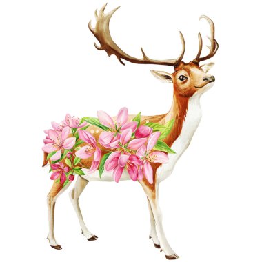 Hayvanlar, tavşanlar, kediler, orman geyikleri, kapibaralar ve pembe elma çiçekleri. Suluboya izole bir illüstrasyon. Yüksek kaliteli illüstrasyon