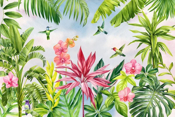 Tropical wallpaper design with exotic plant. Flowers, palm leaves. tropical flora. Summer background with watercolor paper. High quality illustration