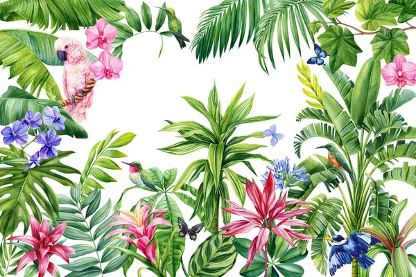 Tropical wallpaper design with exotic plant. Flowers, palm leaves. tropical flora. Summer background with watercolor paper. High quality illustration