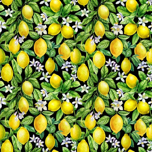 Lemon seamless pattern. Citrus fruits, twig, leaves for design paper, fabric, decor. Botanical watercolor painting. High quality illustration