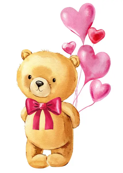 Cartoon cute Teddy bear and heart balloon isolated background. Watercolor hand drawn illustration. Valentines Day Card. High quality illustration