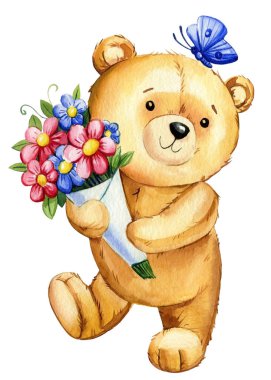 Ayrıştırılmış arka planda çiçekleri olan sevimli bir oyuncak ayı. Çocukların doğum günü için suluboya el çizimi illüstrasyon klibi. Yüksek kaliteli illüstrasyon