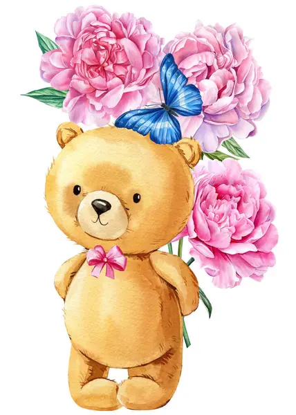 Teddy bear and flowers watercolor on isolated white background, art poster, cute bear hand drawn illustration. High quality illustration