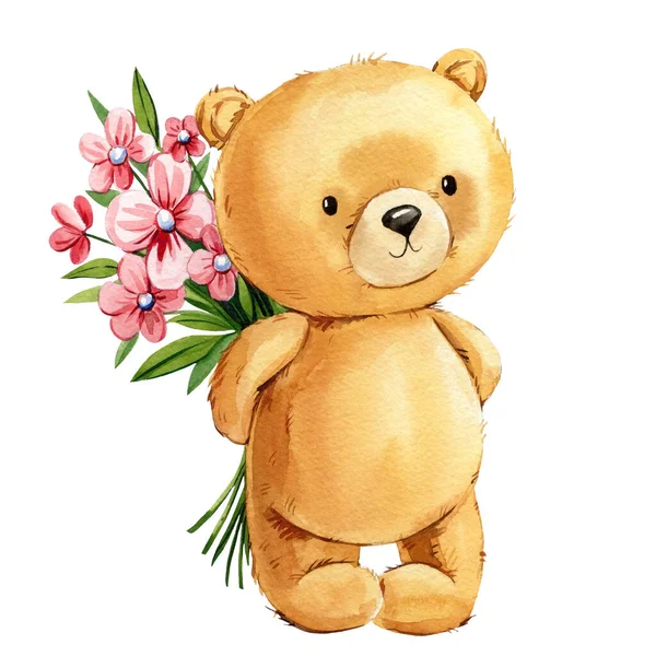 Cute Teddy bear with flowers on isolated background. Watercolor hand drawn illustration clipart for kids birthday. High quality illustration