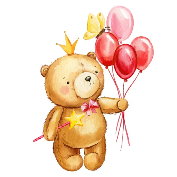 Cartoon cute Teddy bear and balloon on isolated background. Watercolor hand drawn illustration. . High quality illustration
