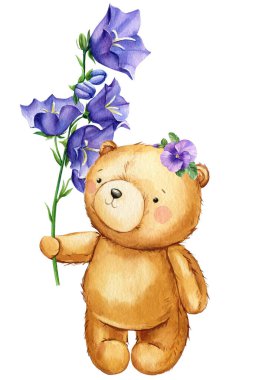 Ayıcık ve çiçek suluboya izole beyaz arka plan, sanat afişi, sevimli ayı eli çizimi. Yüksek kaliteli illüstrasyon