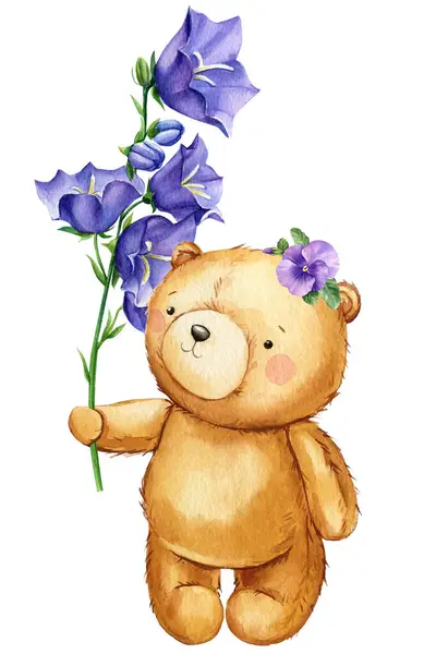 Teddy bear and flowers watercolor on isolated white background, art poster, cute bear hand drawn illustration. High quality illustration