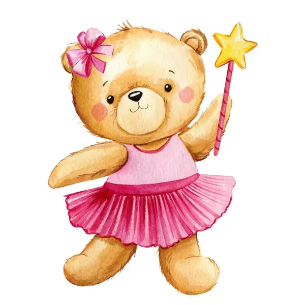 Teddy bear ballerina on isolated background. Watercolor hand drawn illustration. Cute little bear girl, baby teddy. High quality illustration