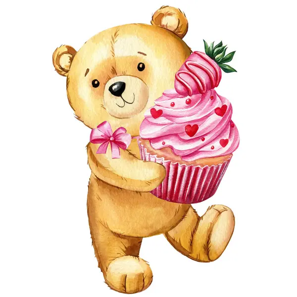 Cartoon cute Teddy bear with cupcake on isolated background. Watercolor hand drawn illustration. toy Valentines day isolated. High quality illustration