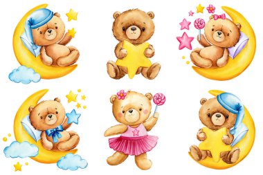 Beyaz arka planda ay ve yıldız olan sevimli bir oyuncak ayı. Suluboya el çizimi oyuncak ayı. Yüksek kaliteli illüstrasyon