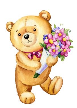 İzole edilmiş arka planda sevimli oyuncak ayı çizgi filmi. Suluboya el çizimi çizimi. Sevgililer Günü oyuncakları izole edilmiş. Yüksek kaliteli illüstrasyon