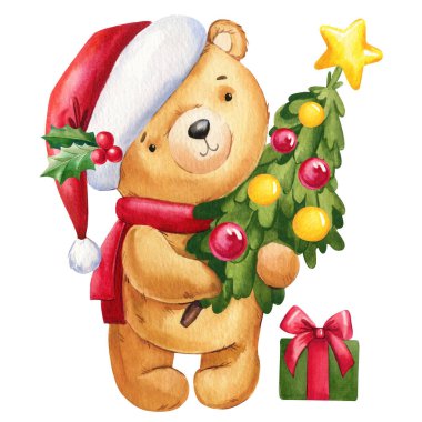 Noel Baba şapkalı oyuncak ayı, hediye ve Noel ağacı. Suluboya çizimi. Yeni Yıl ve Noel için tasarım. Yüksek kaliteli illüstrasyon