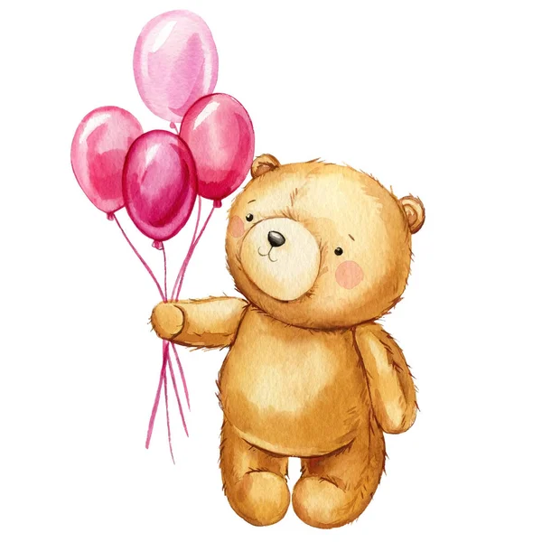 Cartoon cute Teddy bear and balloon on isolated background. Watercolor hand drawn illustration. . High quality illustration