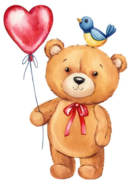 Urso Pelúcia Com Balão Coração Pássaro Ilustração Aquarela Pintada Mão — Fotografia de Stock