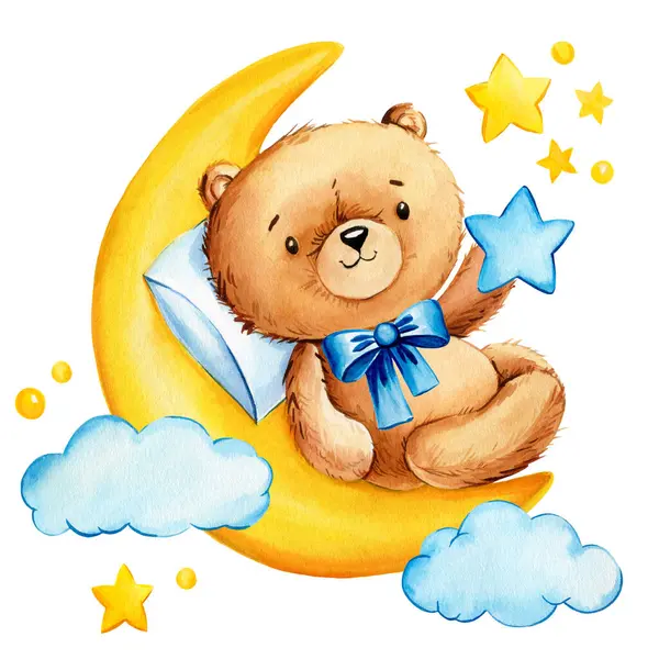 Cute teddy bear with star and moon isolated on white background. Watercolor hand draw illustration teddy bear . High quality illustration