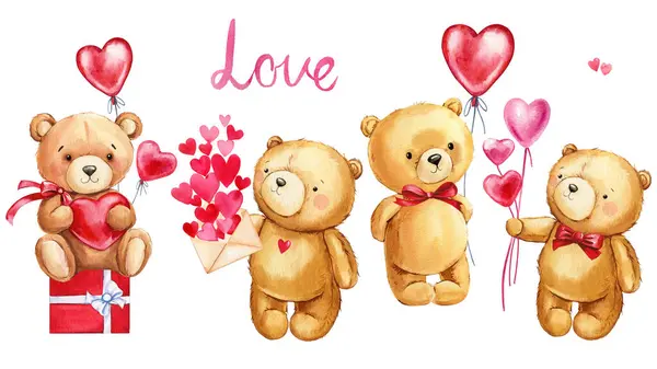 Teddy bear with heart balloon and bird, Hand painted watercolor illustration isolated on white background. Valentines Day . High quality illustration