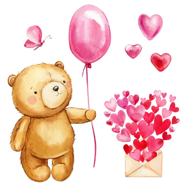 Urso Pelúcia Com Balão Rosa Borboleta Carta Dia Dos Namorados — Fotografia de Stock