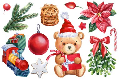 Noel Baba şapkalı oyuncak ayı, tren, lolipop ve ökseotu. Suluboya çizimi. Yeni Yıl ve Noel için tasarım. Yüksek kaliteli illüstrasyon